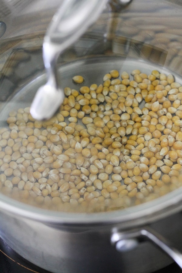 unpopped kernels in a saucepan.