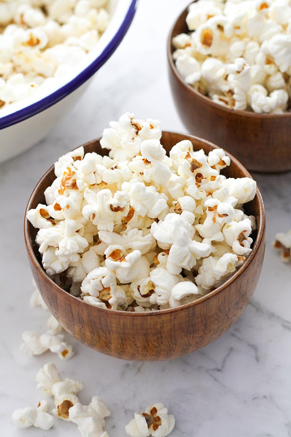 popcorn in a wooden bowl.