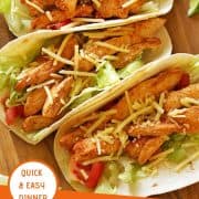 3 tacos on a wooden board with a text overlay that reads "healthy chicken tacos - quick & easy dinner"