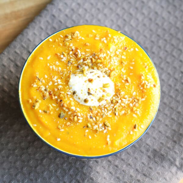 moroccan pumpkin and chickpea soup topped with dukkah and greek yoghurt.