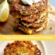 collage of images of zucchini and haloumi fritters for pinterest image
