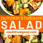 salad in a white bowl with text overlay "pumpkin halloumi salad".