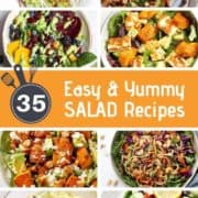 multiple salad images with text overlay "easy & yummy salad recipes".