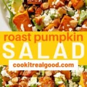 salad on a white plate with text overlay "roast pumpkin salad".
