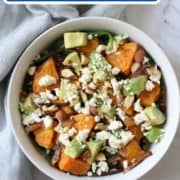 salad in a bowl with text overlay "sweet potato and feta salad".