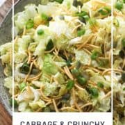 salad in a large grey bowl with text overlay "cabbage & crunchy noodle salad".