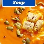 soup topped with croutons with text overlay "pumpkin & sweet potato soup".
