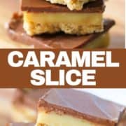 caramel slices in a stack.