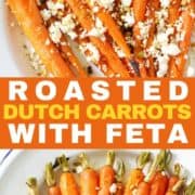 roasted dutch carrots with feta and dukkah on a white plate.