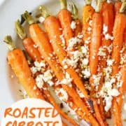 roasted carrots with feta and dukkah on a white plate with text overlay that reads "roasted carrots with feta and dukkah"