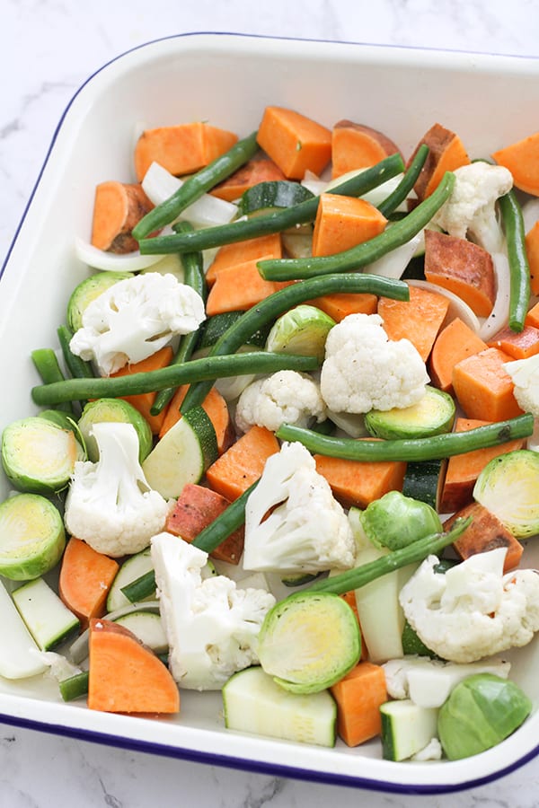 vegetables in a baking dish.