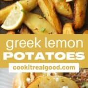 potatoes on a baking tray with text overlay "greek lemon potatoes".