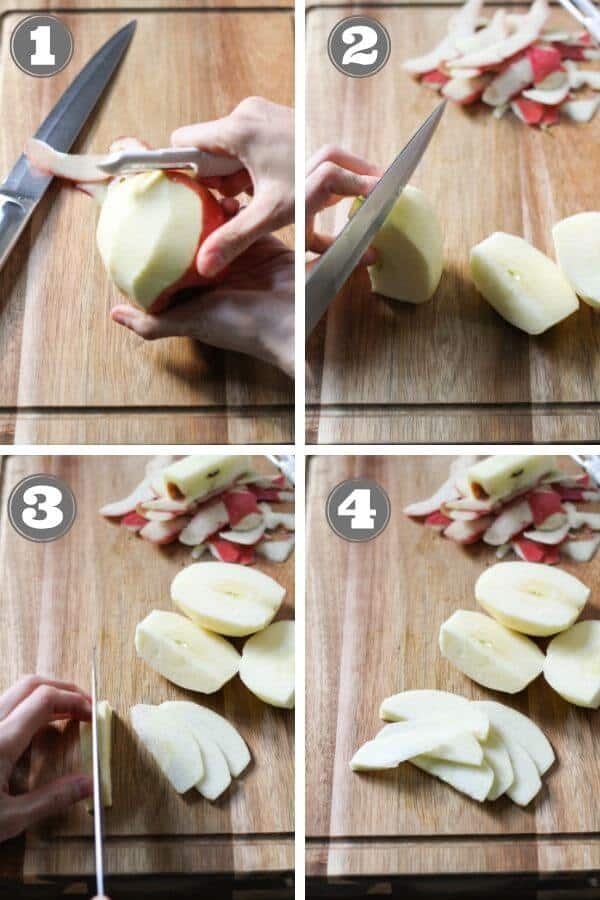 step by step photo instructions on how to slice apples for apple cake.