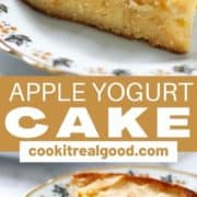 slice of cake on a flower plate with text overlay "apple yogurt cake".