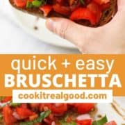 tomato toasts on a white plate with text overlay "quick + easy bruschetta".