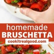 tomato toasts on a white plate with text overlay "homemade bruschetta".