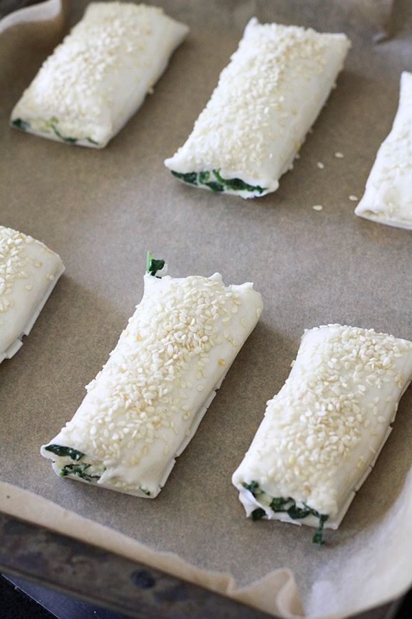 spinach ricotta rolls ready for the oven.