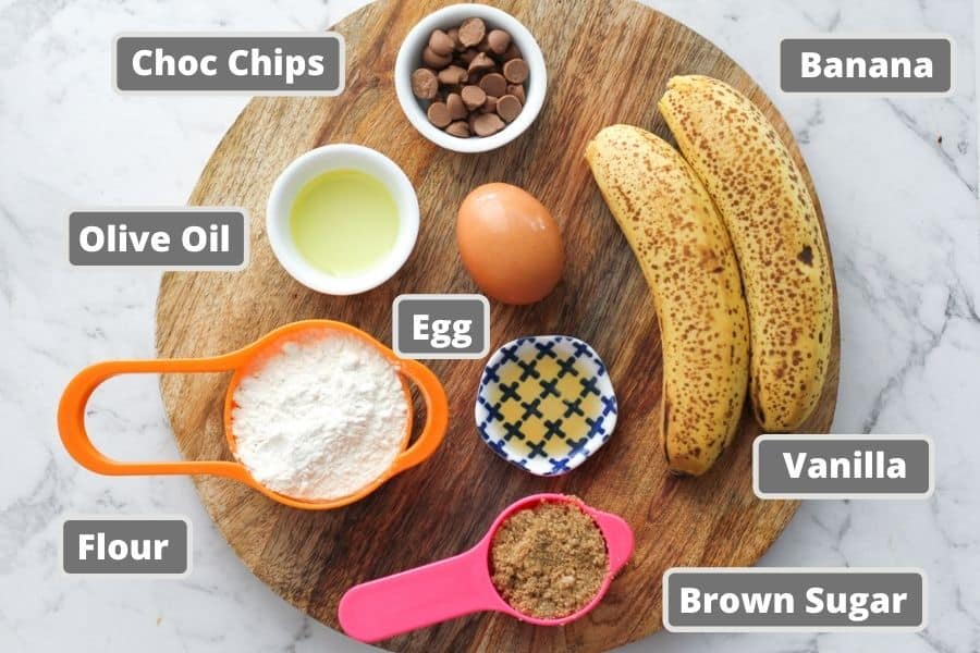 ingredients for mini banana muffins including bananas, sugar and flour.