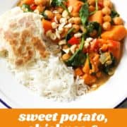 curry on a bed of rice with text overlay "sweet potato, chickpea & spinach curry".