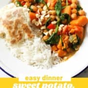 curry on a bed of rice with text overlay "sweet potato, chickpea & spinach curry".