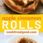 sweet rolls on a wooden board with text overlay "apple cinnamon rolls".