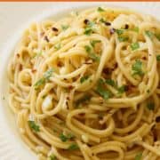 Spaghetti with Garlic & Oil on a white plate.
