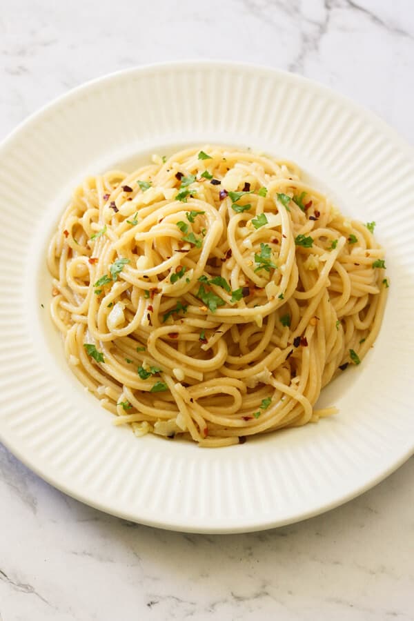 Spaghetti with Garlic and Oil on a white plate