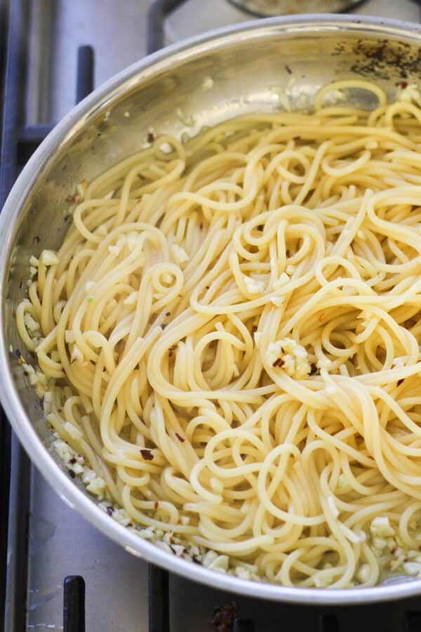 spaghetti in a frying pan. 