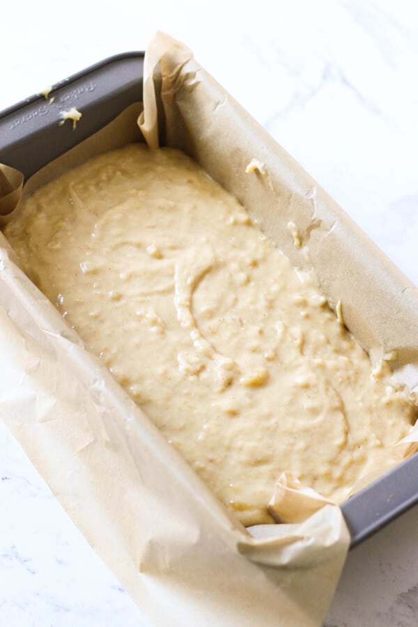 banana bread mixture in a loaf pan ready for the oven. 