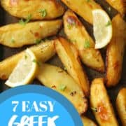 Multiple images of Greek food with text overlay "7 deliciously easy Greek recipes"