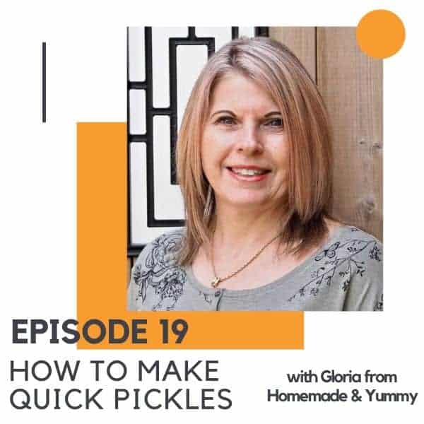 A brunette woman with text overlay "episode 19 - how to make quick pickles".