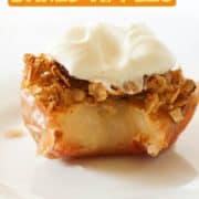 baked apple on a plate with a bite removed with text overlay "air fryer baked apples".