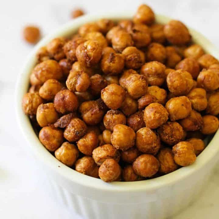 crispy chickpeas in a white bowl.