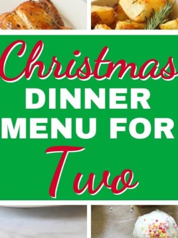 multiple images of roast dinner with text overlay "christmas dinner menu for two".