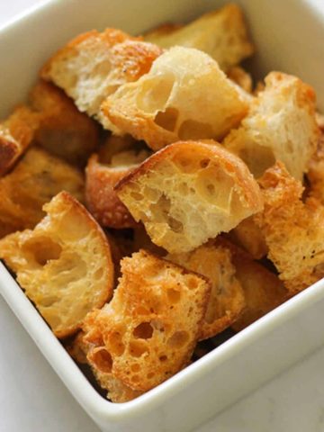 croutons in a white bowl.