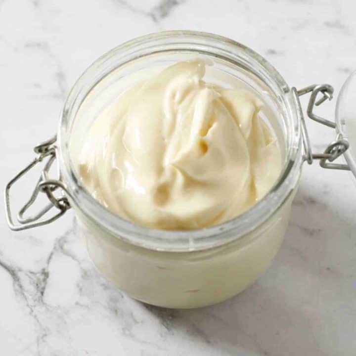mayonnaise in a glass jar.