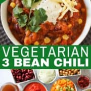 vegetarian three bean chili in a white bowl topped with greek yoghurt, cheese and cilantro.