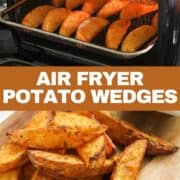 potato wedges on a wooden board with text overlay "air fryer crispy potato wedges".