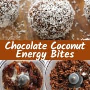 chocolate coconut energy balls on a wooden serving board.