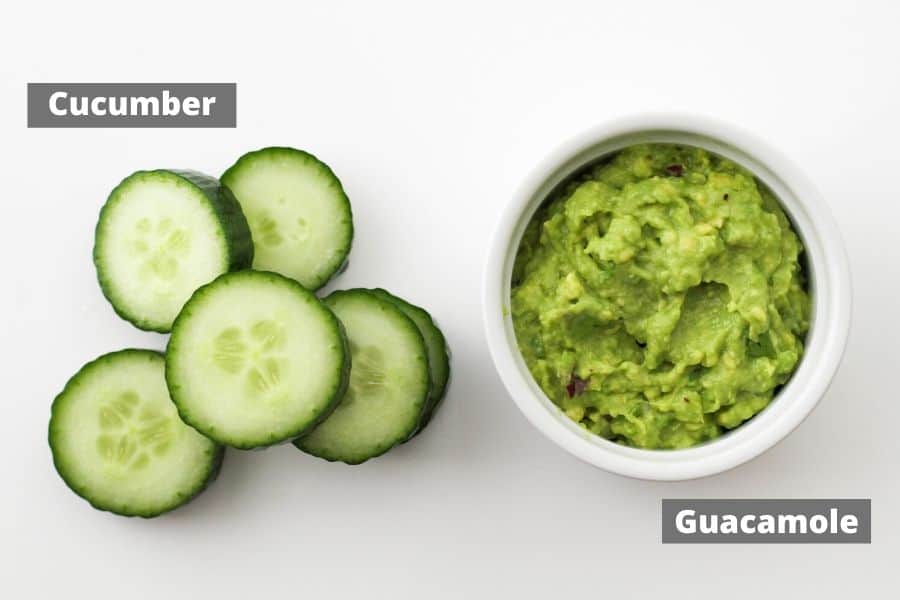 ingredients for cucumber bites on a white table.