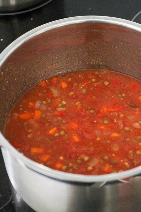bolognese sauce in a saucepan.