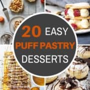 multiple images of puff pastry desserts with text overlay "20 easy puff pastry desserts".