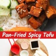 cubes of sriracha tofu with text overlay "pan-fried spicy tofu".