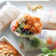 rice paper rolls on a white plate with text overlay "spicy tofu rice paper rolls".