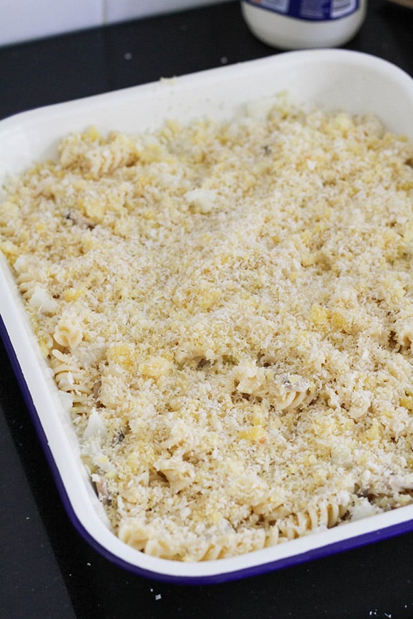 pasta bake topped with breadcrumbs ready for the oven.