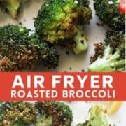 roasted broccoli on a white plate with lemon wedges and chopped chilli with text overlay "air fryer roasted broccoli".
