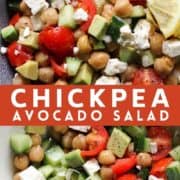salad in a blue bowl with text overlay "chickpea avocado salad".