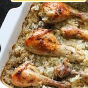 chicken drumsticks on top of a bed of rice in a baking dish with text overlay "one pot Greek chicken and rice".