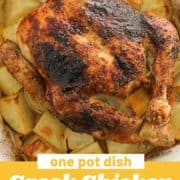 roast chicken and potatoes in a white baking dish with text overlay "Greek chicken and potatoes".