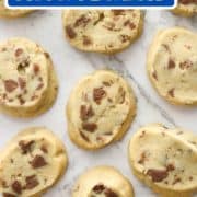 shortbread cookies on a marble background with text overlay "chocolate chunk shortbread".